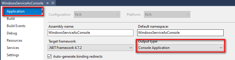 Project Application tab, showing Output  type = Console Application