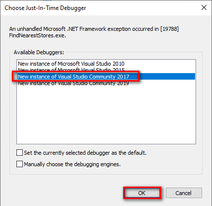Just-In-Time Debugger prompt with different versions of Visual Studio to choose from