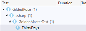 Visual Studio unit tests showing blue (!) indicating they didn't run