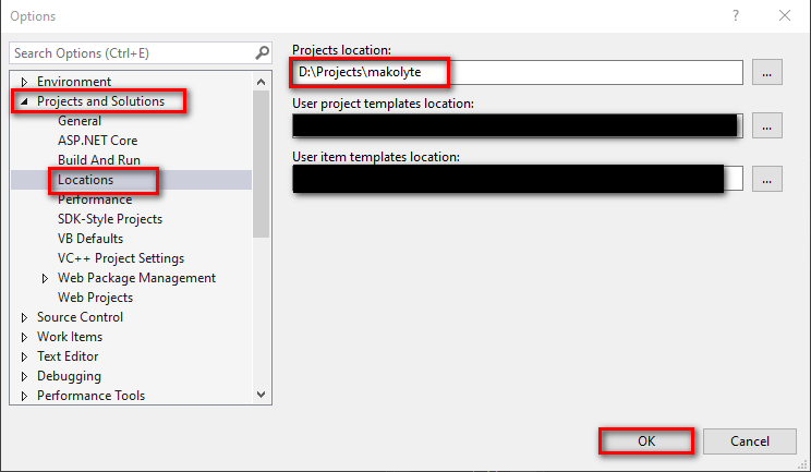 Visual Studio Options showing default project location