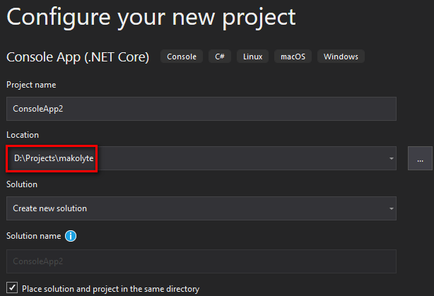 Visual Studio showing create new project dialog with new default location