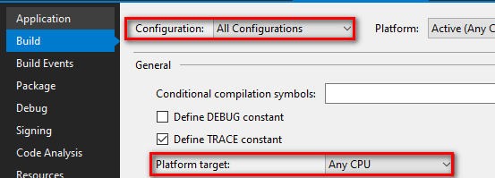 Project Properties Build tab - showing the Configuration dropdown set to All Configurations and the Platform target set to Any CPU
