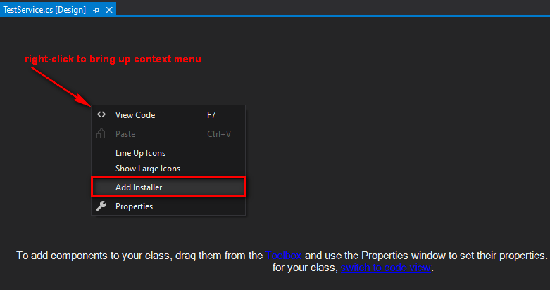 Service component design mode, right-click and click Add Installer