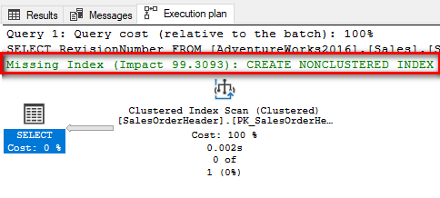 Execution plan showing missing index