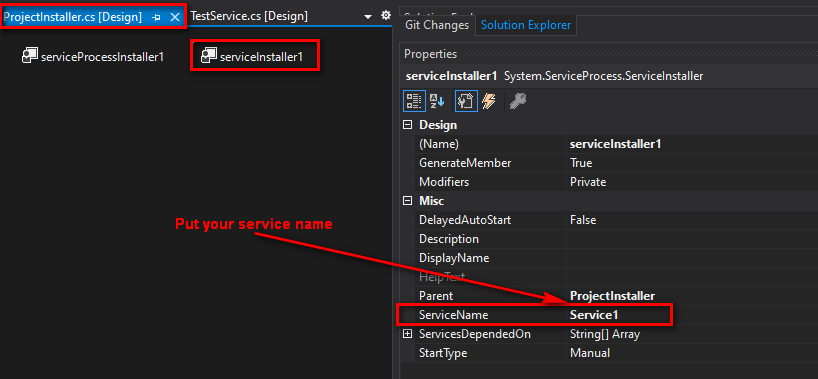 After adding the installer, the ProjectInstaller.cs component will pop up in design mode. Click on serviceInstaller1 and fill in the ServiceName property