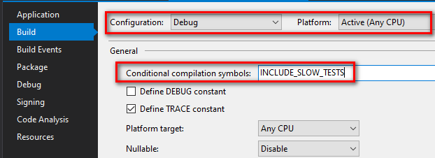 Project properties > Build tab > Specify the custom conditional compilation symbols you want and Configuration/Platform you want it to apply to