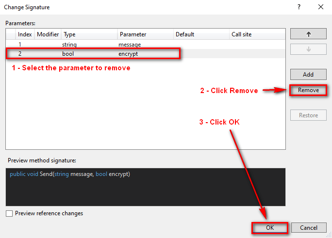 Change Signature refactoring window in Visual Studio. Choose the parameter to remove, click Remove, then click OK.