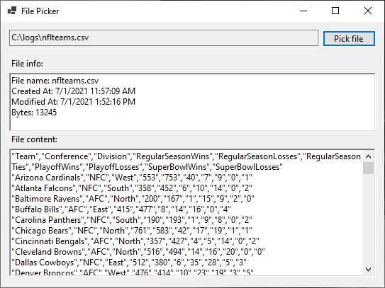 Displaying the selected file's metadata (Name, created at, modified at, and size in bytes) and the file's content (in this case, it's rows of NFL team stats)