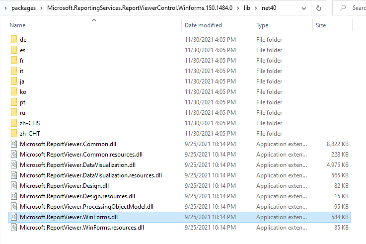 Solution nuget packages directory showing the ReportViewer assembly (Microsoft.ReportViewer.WinForms.dll)