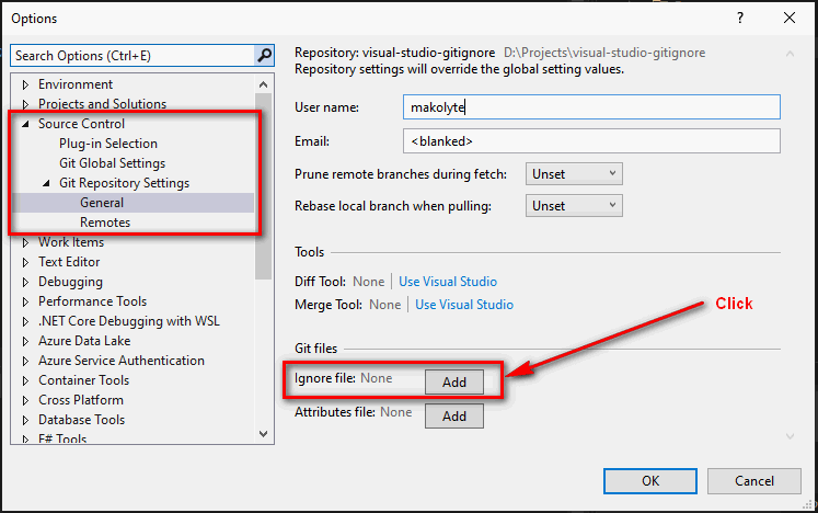 Visual Studio Options window (Source Control > Git Repository Settings) - click on the Add button next to Ignore file to add .gitignore