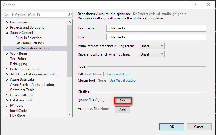 Visual Studio Options window (Source Control > Git Repository Settings) - showing the Edit button next to Ignore file.