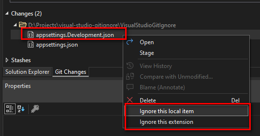 Visual Studio Git Changes tab - changed file context menu - Ignore this local item