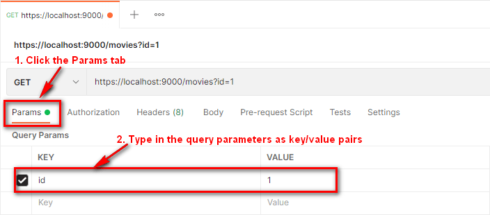 Postman request - Showing the Params tab and a key/value pair typed in