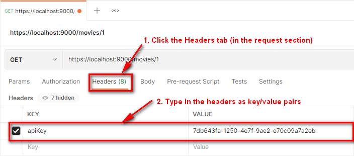 Postman request - Showing the request Headers tab and a key/value pair typed in