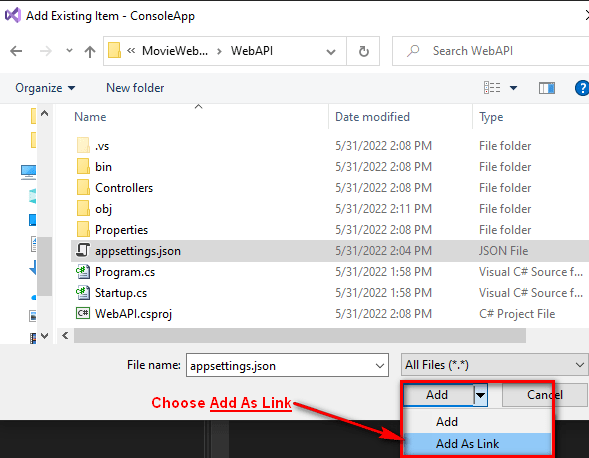 Visual Studio Add Existing Item dialog with "Add As Link" dropdown option selected.