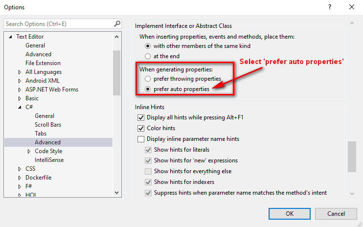 Selecting "prefer auto properties" in Visual Studio options