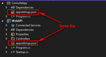Visual Studio - Two projects pointing to the same appsettings.json file (physical in one, linked in the other)