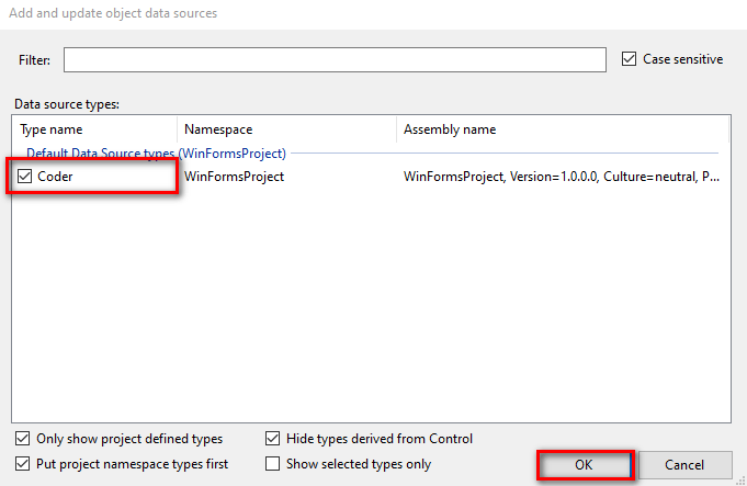 Visual Studio - Add and update object data sources window.