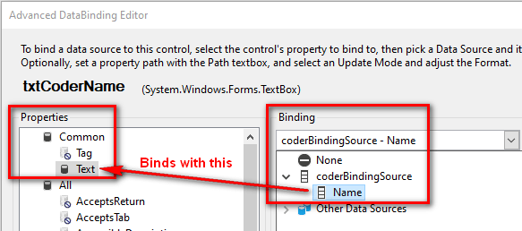 Visual Studio Advanced DataBindings Editor window.