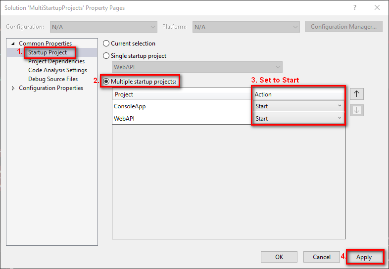 Visual Studio Solution Property Pages, showing multiple start projects set to Start