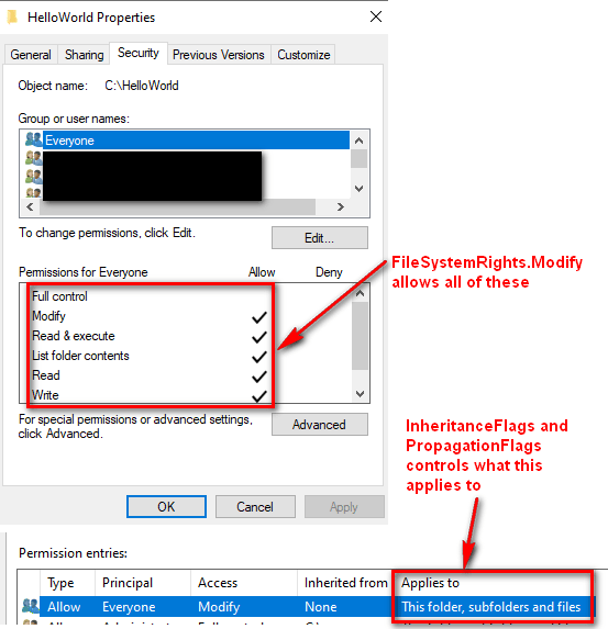 Directory security properties in Windows - showing Modify permission and how it's inherited