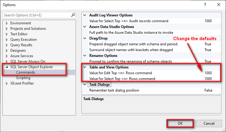 Change Edit Top <n> Rows to 1000 in the SQL Server Object Explorer options
