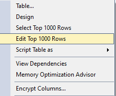 Context menu showing "Edit Top 1000 Rows"