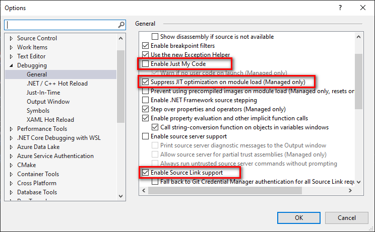 Visual Studio Debugging options window showing which options to check/uncheck