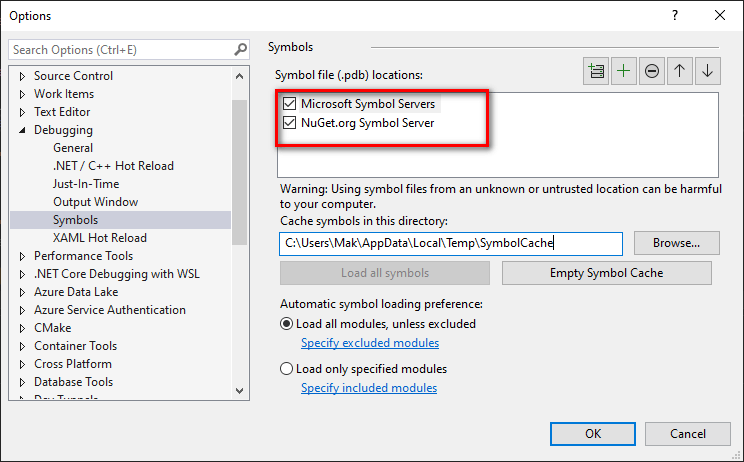 Visual Studio Debugging options showing which symbol servers to pick