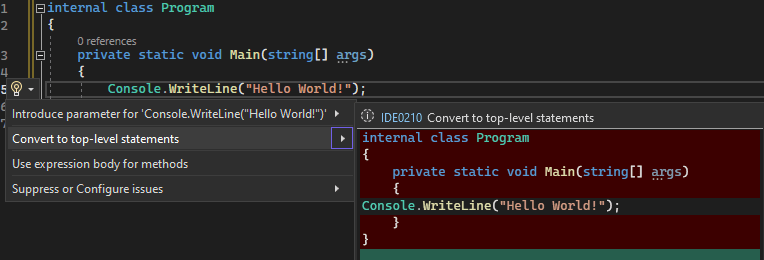 Convert to top-level statements command in Visual Studio