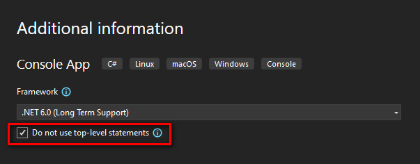 Checking the'Do not use top-level statements' checkbox