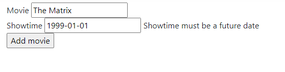 Showing client-side validation error on the form: "Showtime must be a future date"